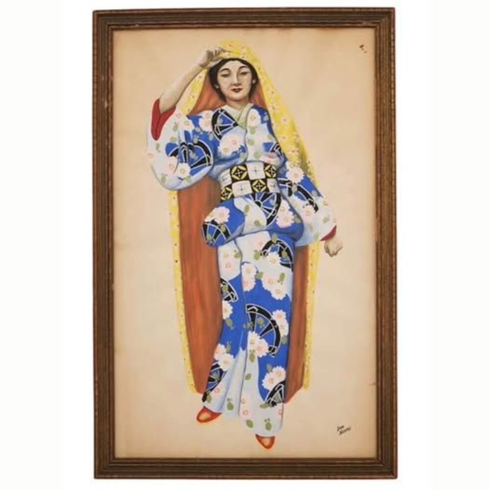 Japanese Geisha Gouache Painting – Signed Dan Nevins (17 1/4" x 11")